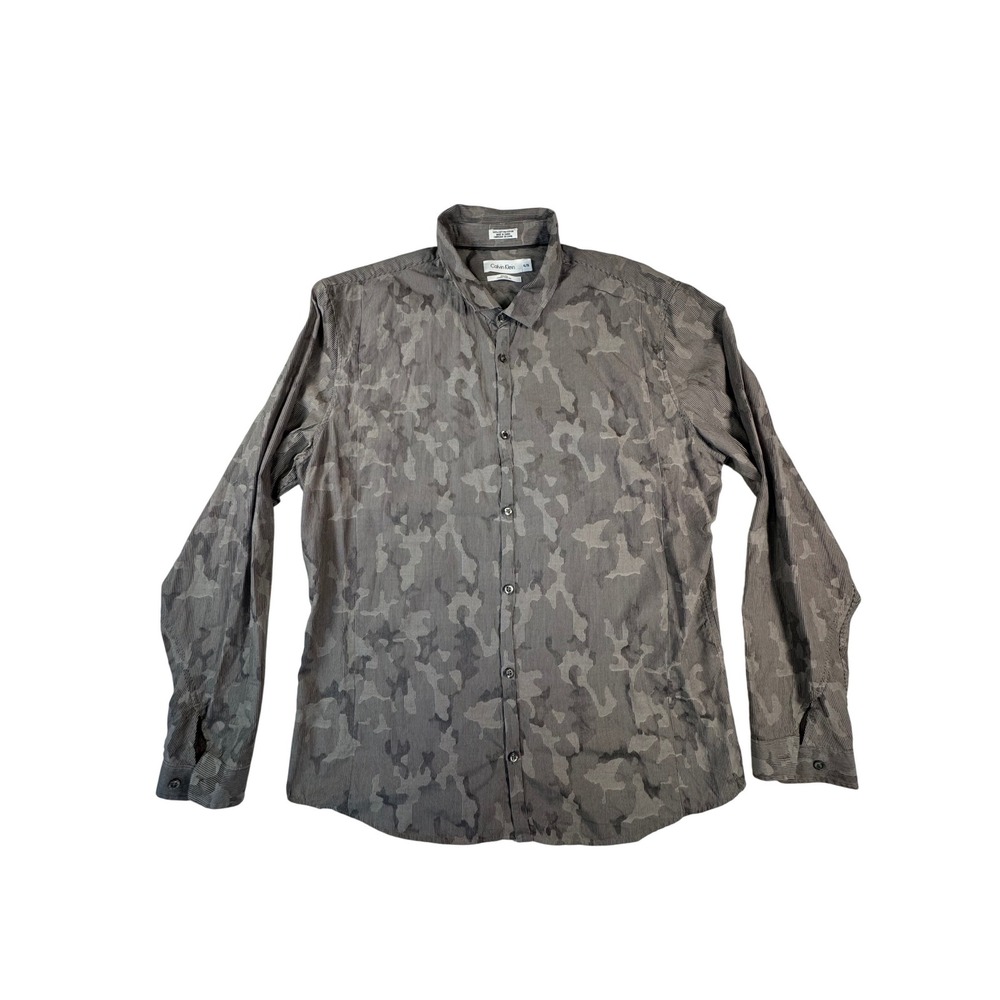 Calvin Klein Button Down Shirt Mens XL Grey Camo Slim Fit Long Sleeve
